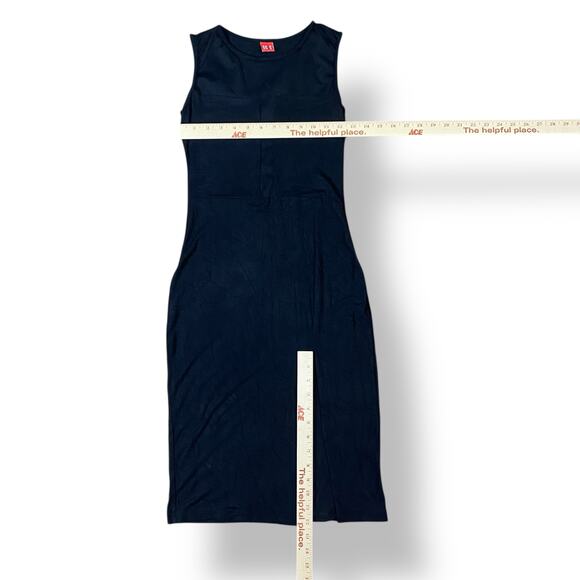 GG<5 Black Midi Dress Women’s Small Sleeveless Bodycon Sheer Mesh Panel Cocktail - Picture 4 of 8